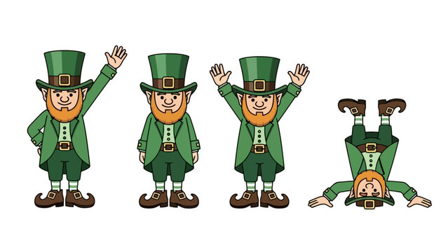 Four cartoon leprechauns in green outfits and hats, waving and doing a handstand.