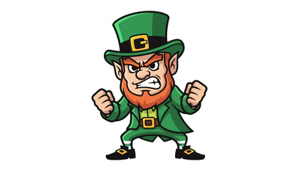 Cartoon illustration of an angry leprechaun with a green hat and suit, clenching fists.
