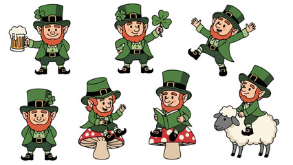 Fototapeta premium A cheerful leprechaun with a green hat and outfit, surrounded by shamrocks, celebrating.