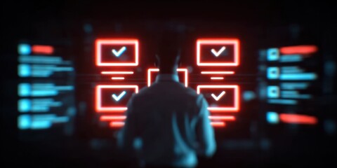 Infrastructure readiness: Businessman viewing a system status screen, all vital components confirmed operational with blue checks