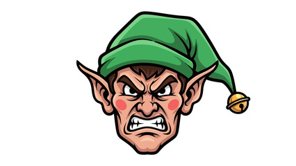 Close-up illustration of an angry elf with a green hat and bell, showing intense emotion.