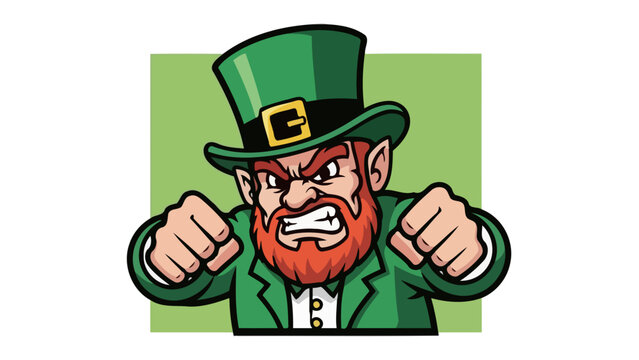 Cartoon illustration of an angry leprechaun with a green hat and jacket, clenching fists.