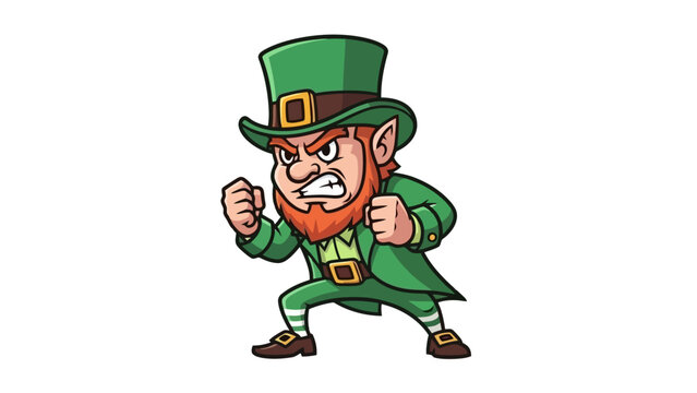 An angry leprechaun wearing a green hat and suit, with fists clenched in a fighting stance.