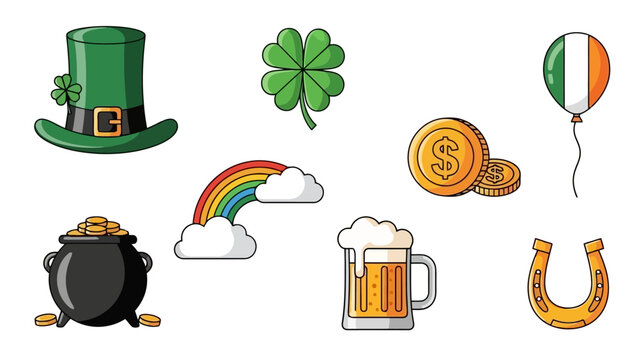 St. Patrick's Day themed vector graphics including hat, clover, rainbow, coins, beer, and horseshoe.
