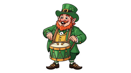 Cartoon leprechaun playing a green drum, wearing a green suit and hat.