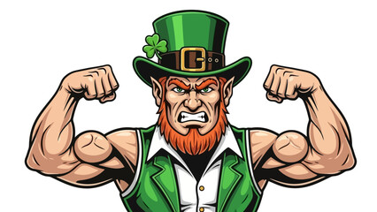 Illustration of a muscular, angry leprechaun flexing his arms, wearing a green hat.