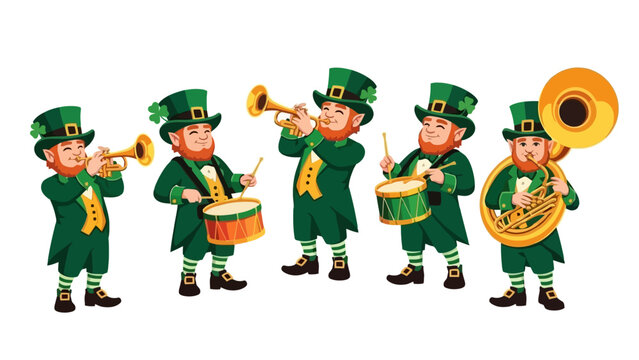 A group of five leprechauns in green outfits playing various musical instruments, including trumpets, drums, and a tuba.