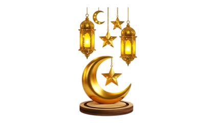 Golden crescent moon and stars isolated on transparent background for ramadan decoration