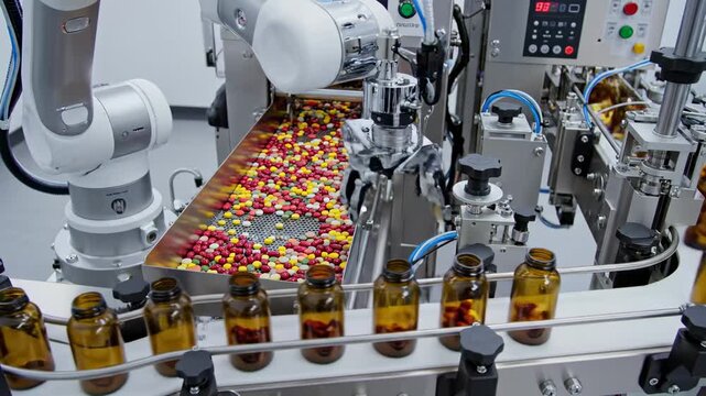 Production line with robots packing colorful candies into amber bottles at a factory