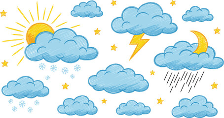 Obraz premium Hand Drawn Weather Doodle Icons Set With Clouds Sun Moon Rain Snow Lightning Cute Sketch Style