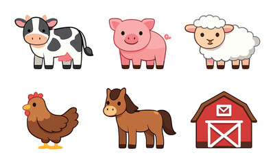 Obraz premium Cute cartoon farm animals with barn - cow, pig, sheep, chicken, horse