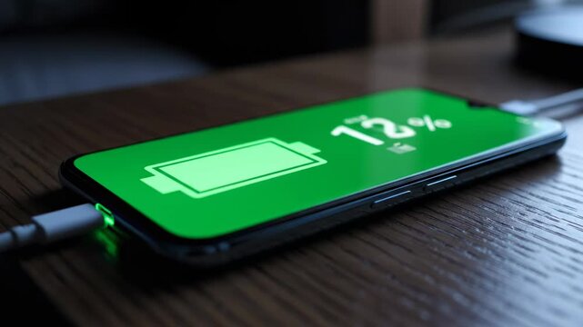 Charging smartphone at seventy five percent battery level on wooden table in low light conditions during evening time