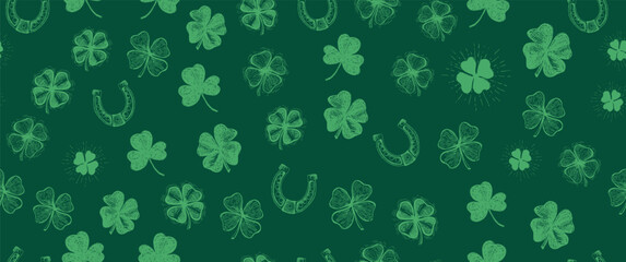 St. Patricks Day, clover pattern on green. Hand drawn illustrations