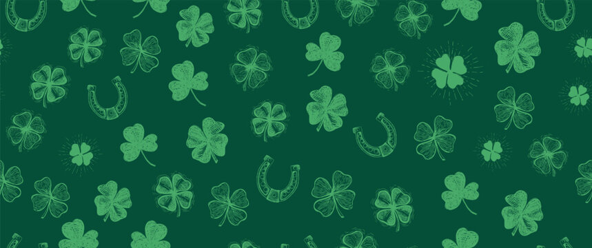 St. Patricks Day, clover pattern on green. Hand drawn illustrations