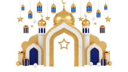 Ramadan mosque gate with lanterns and stars isolated on transparent background