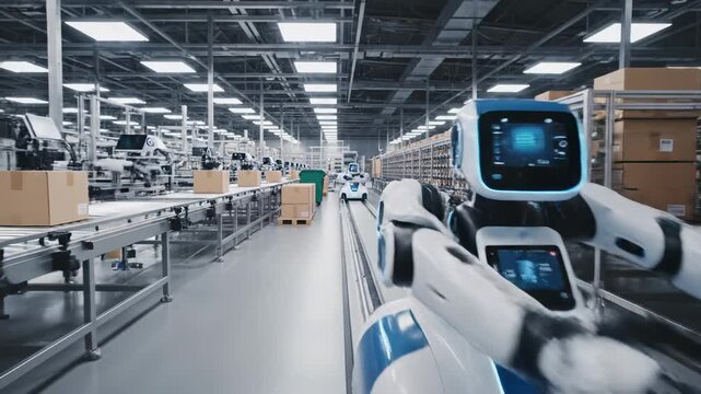 Robots moving items in large warehouse space with several bins and shelves in action during the day