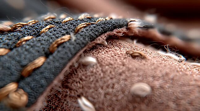 A highly magnified, microscopic 3D animation showing dust mites crawling over the intricate fibers of a dirty textile, illustrating a common source of household allergens