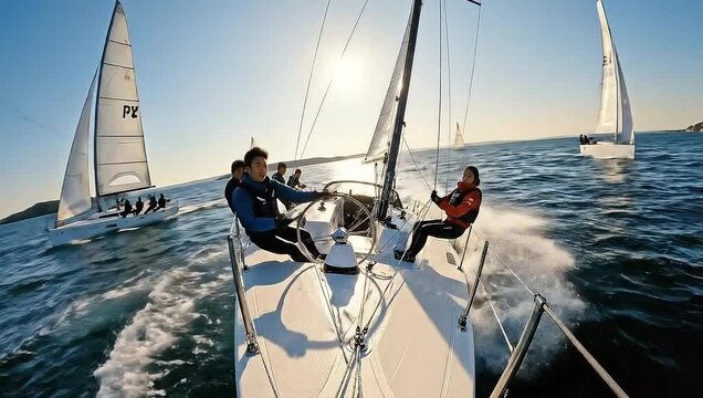 Two people sailing on a sunny day with other sailboats in the background.