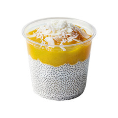 Delicious chia seed pudding with mango and coconut flakes in a clear cup