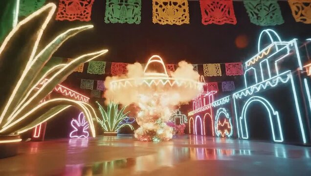 Neon-lit Mexican fiesta with vibrant smoke and traditional decorations.