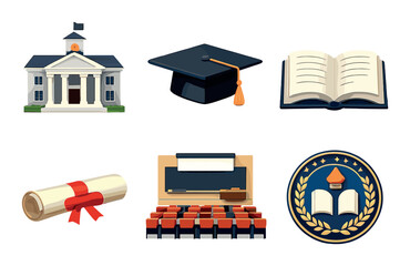 Education icons: school, graduation cap, open book, diploma, classroom, badge