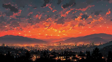 An anime-style animation of a city at sunset with a glowing digital network in the sky, visualizing a smart city, global connectivity, the internet of things, and the flow of data - Powered by Adobe