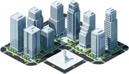 Isometric modern city block with tall office buildings, streets, cars, trees, and central public square on white background