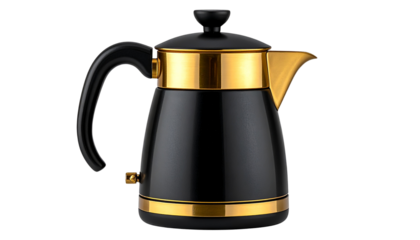Elegant Black and Gold Coffee Pot with Transparent Background and Blurred Background for Kitchen Utensil and Home Decor Advertisement isolated on solid white background4