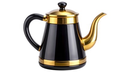 Elegant Black and Gold Coffee Pot with Transparent Background and Blurred Background for Kitchen Utensil and Home Decor Advertisement isolated on solid white background5