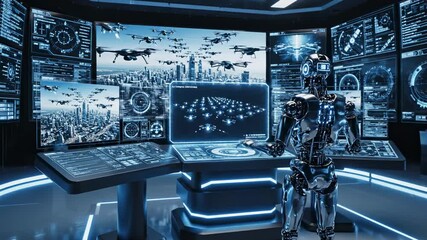 Robots and drones in a control room with many monitors and data displays in a futuristic city setting - Powered by Adobe