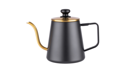 Elegant Black and Gold Coffee Pot with Transparent Background and Blurred Background for Kitchen Utensil and Home Decor Advertisement isolated on solid white background1