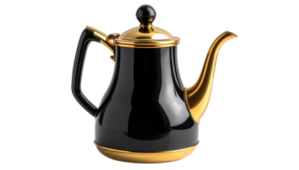 Elegant Black and Gold Coffee Pot with Transparent Background and Blurred Background for Kitchen Utensil and Home Decor Advertisement isolated on solid white background2