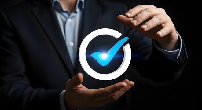 Businessman holding checkmark success approval right choice correct option verified selection