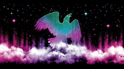 Abstract digital eagle silhouette soaring through a starry night sky
