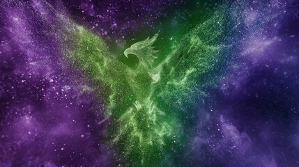 Abstract phoenix bird rising through cosmic nebulae against dark background