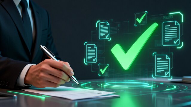 Businessman signing document with digital checkmark