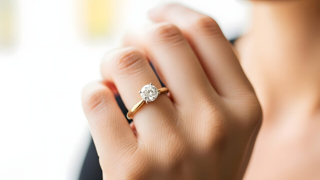 Woman s hand showing off diamond solitaire engagement ring on finger