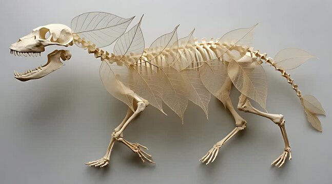 Stop motion animation of a fantasy beast's skeleton, intricately decorated with translucent skeleton leaves, opening and closing its jaw in a minimalist, artistic display of surreal anatomy