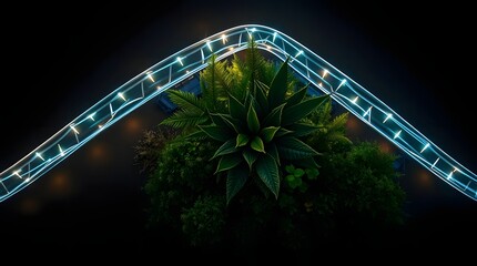 Futuristic Green Energy Concept &ndash; Glowing Neon Path with Lush Plants and Sustainable Technology on Dark Background