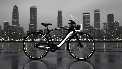 Electric bicycle in front of a city skyline at dusk or dawn