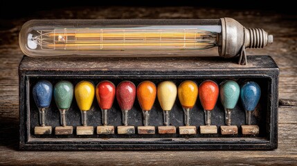Vintage light bulbs display with colorful glass elements on wooden surface