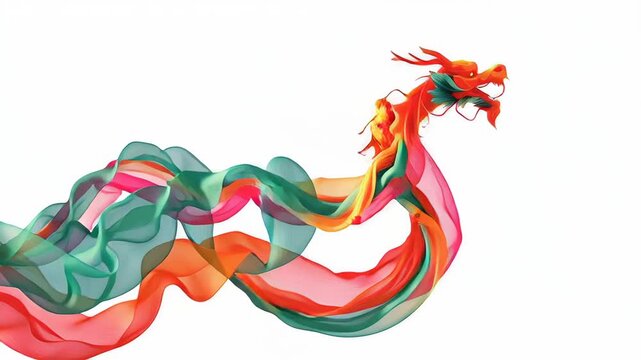 A dragon is depicted in a colorful, flowing fabric. The dragon is surrounded by a rainbow of colors. Flowing dragon dance ribbon motion, abstract festive energy, clean background design