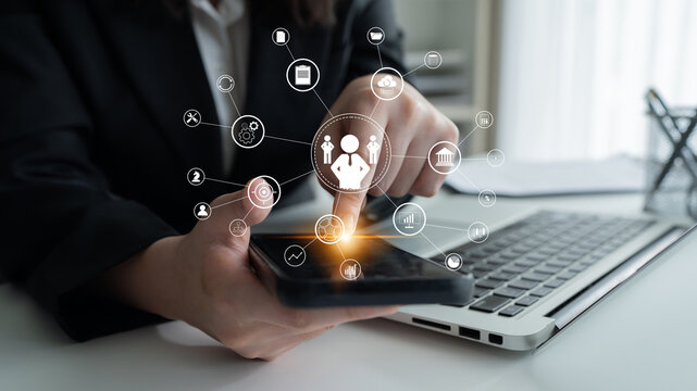 A concept of centralized business management and corporate strategy. A leadership team connecting to all functions like finance, operations, and planning. Motif