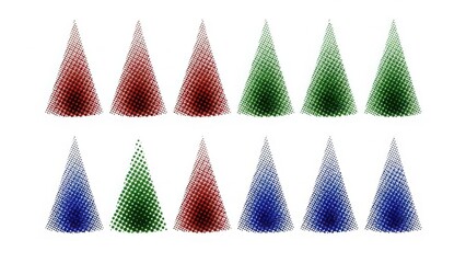 A collection of colorful 3D mesh cone shapes on a white background