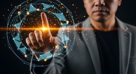 Man touching digital interface technology network connection future innovation concept design