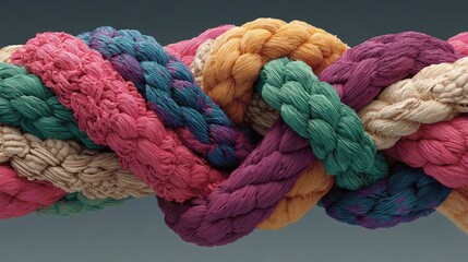 Interwoven ropes in vibrant colors forming a textured abstract design