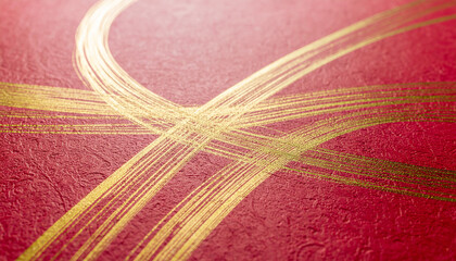 赤い和紙と金の曲線ラインが交差する和風テクスチャ generative ai