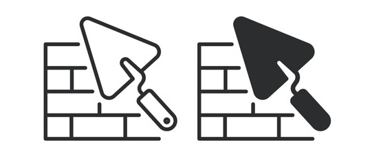 Bricklaying tools icon illustrating trowel and brick wall for masonry, construction and renovation tasks. Line and solid vector icon collection.