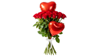 Romantic bouquet of red roses with heart shaped balloons isolated on transparent background