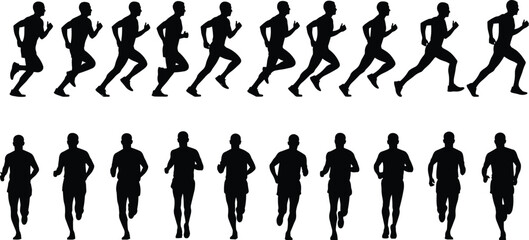 Running man silhouette sequence, jogging animation frames, athlete motion poses, fitness training concept, sport action cycle illustration set